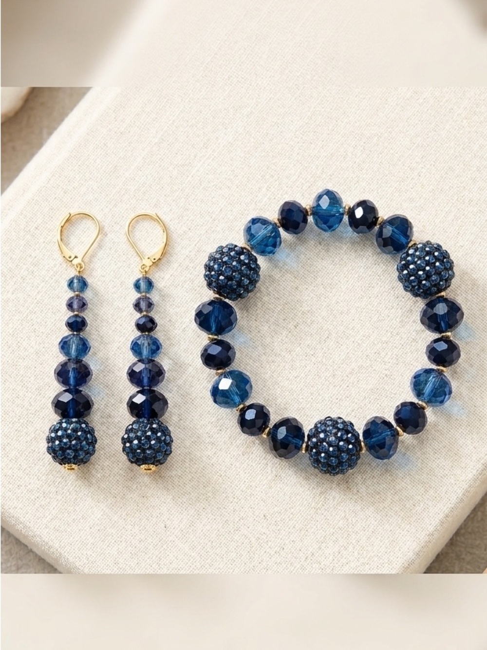 Source Unknown Navy Crystal Bead Bracelet with Matching Drop Earrings